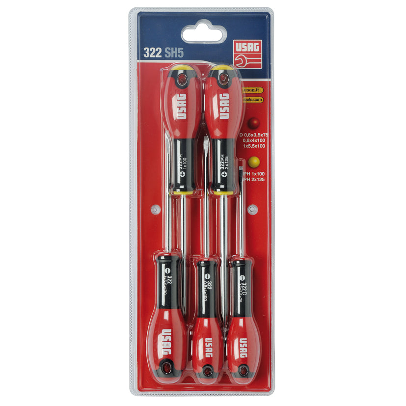 322 SH5 - Jeu de 5 tournevis pour vis à fente et cruciforme Phillips® - Usag - U03220253 322 SH5 - Jeu de 5 tournevis pour vis à fente et cruciforme Phillips® - Usag - U03220253